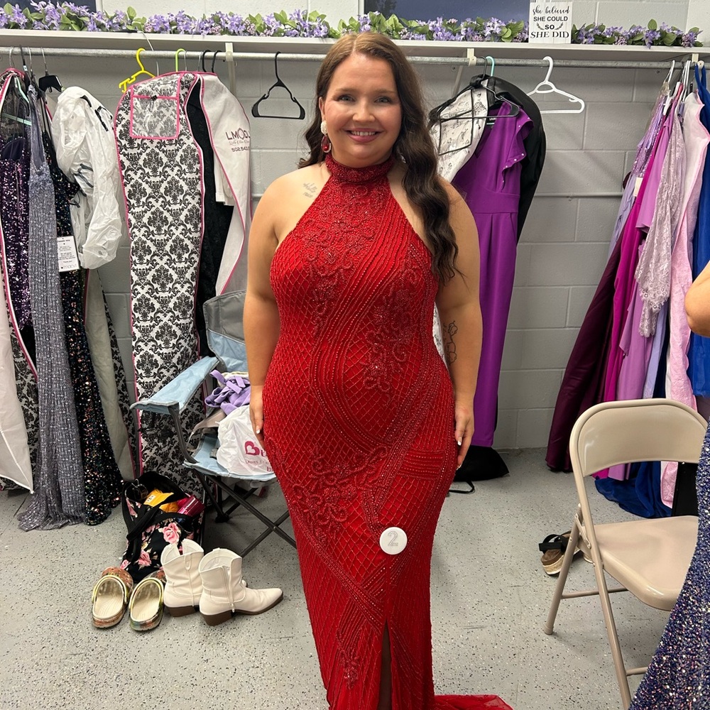 Source Unknown Red Sequin Halter Prom Gown